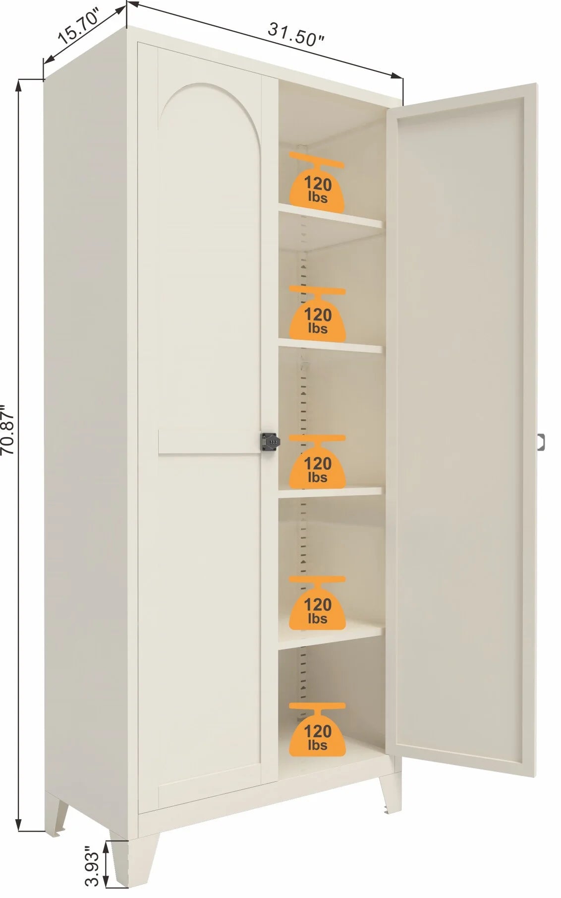 Metal Storage Cabinet with Doors and Adjustable Shelves, 71'' 2 Shapely Doors Cabinet, 5 - Tier Tall Steel Locker for Bedroom, Living Room, Office, Home, White