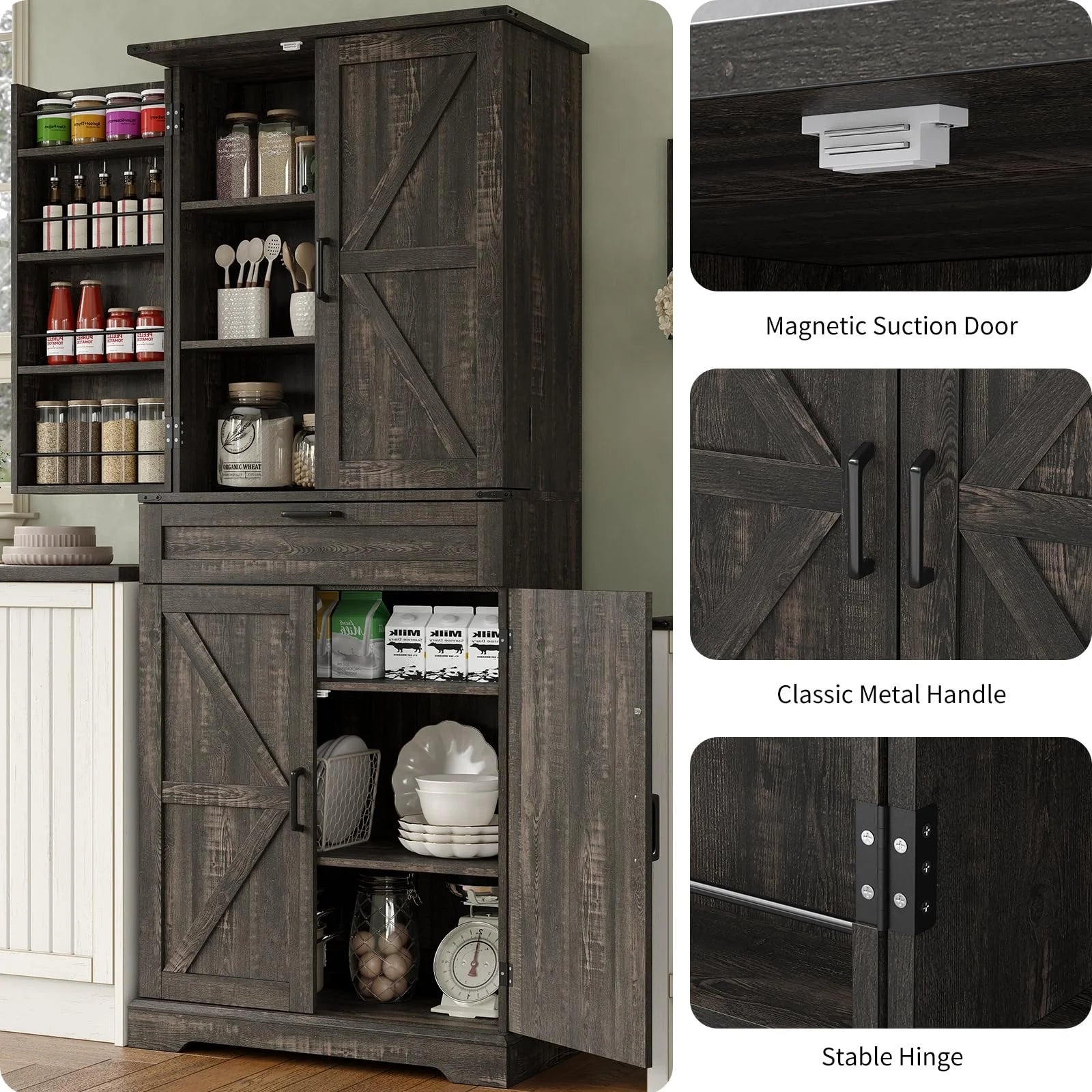 FUSOU 72'' Kitchen Storage Pantry Cabinet, Tall Storage Cabinet with 8 Door Shelves, 2 Cabinets and 1 Drawer, Freestanding Cupboard for Kitchen, Dining Room, Bathroom, Laundry