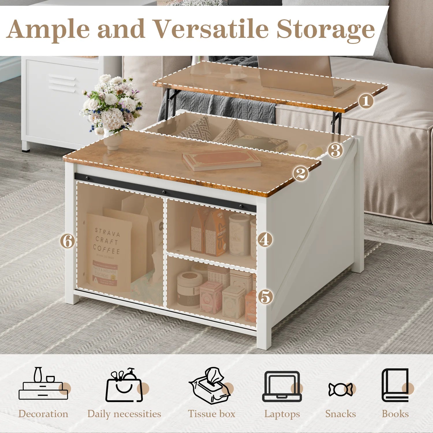 Waleaf Wooden Coffee Table, Lift Top Coffee Table with Large Hidden Storage Shelf for Living Room