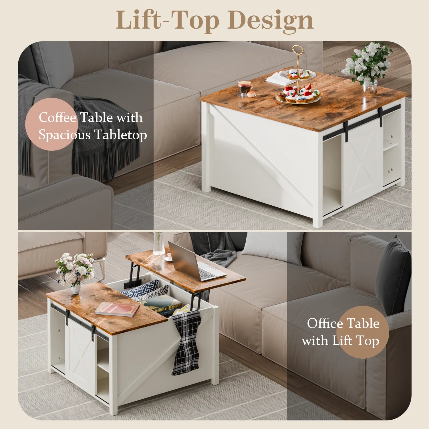 Waleaf Wooden Coffee Table, Lift Top Coffee Table with Large Hidden Storage Shelf for Living Room