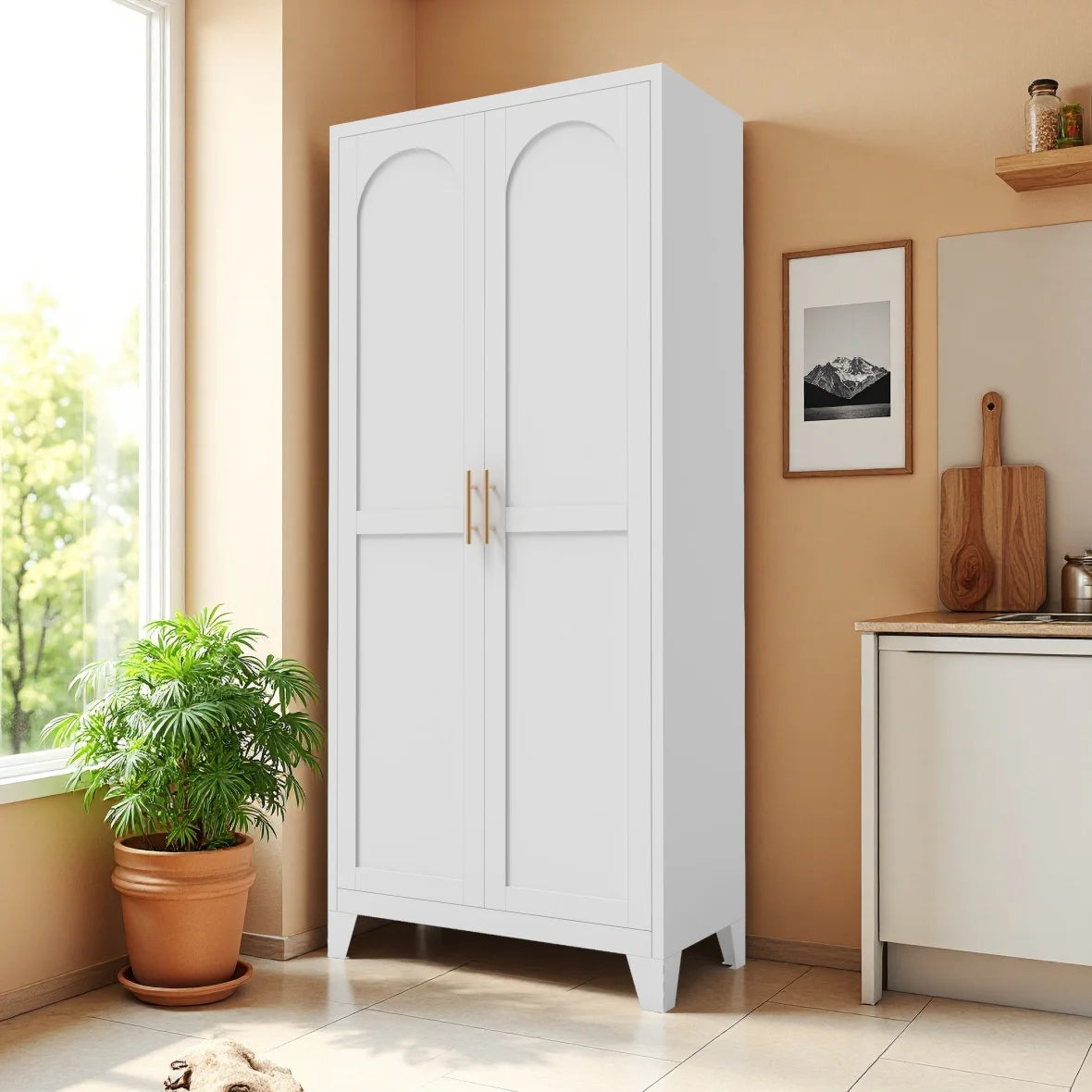 Metal Storage Cabinet with Doors and Adjustable Shelves, 71'' 2 Shapely Doors Cabinet, 5 - Tier Tall Steel Locker for Bedroom, Living Room, Office, Home, White