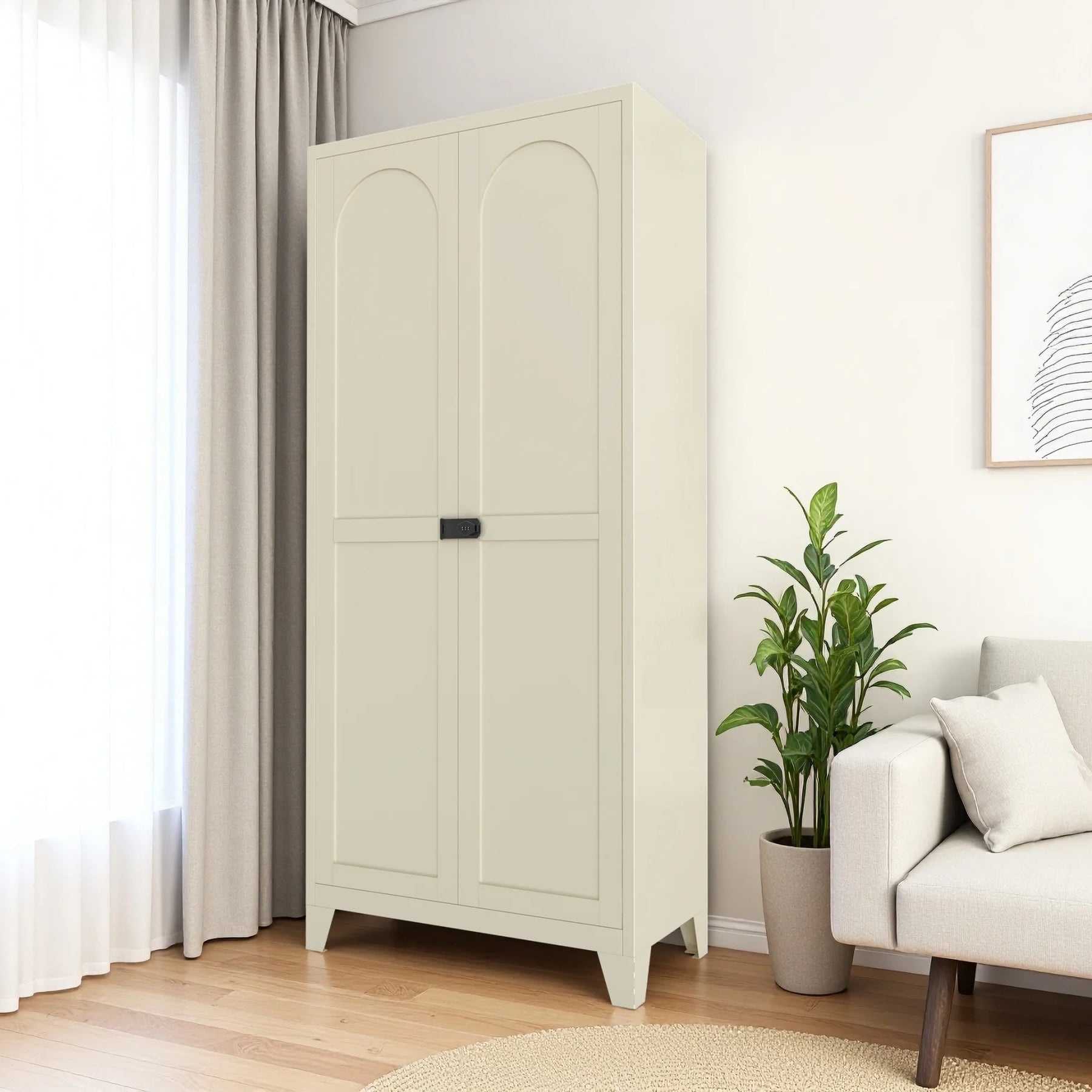 Metal Storage Cabinet with Doors and Adjustable Shelves, 71'' 2 Shapely Doors Cabinet, 5 - Tier Tall Steel Locker for Bedroom, Living Room, Office, Home, White