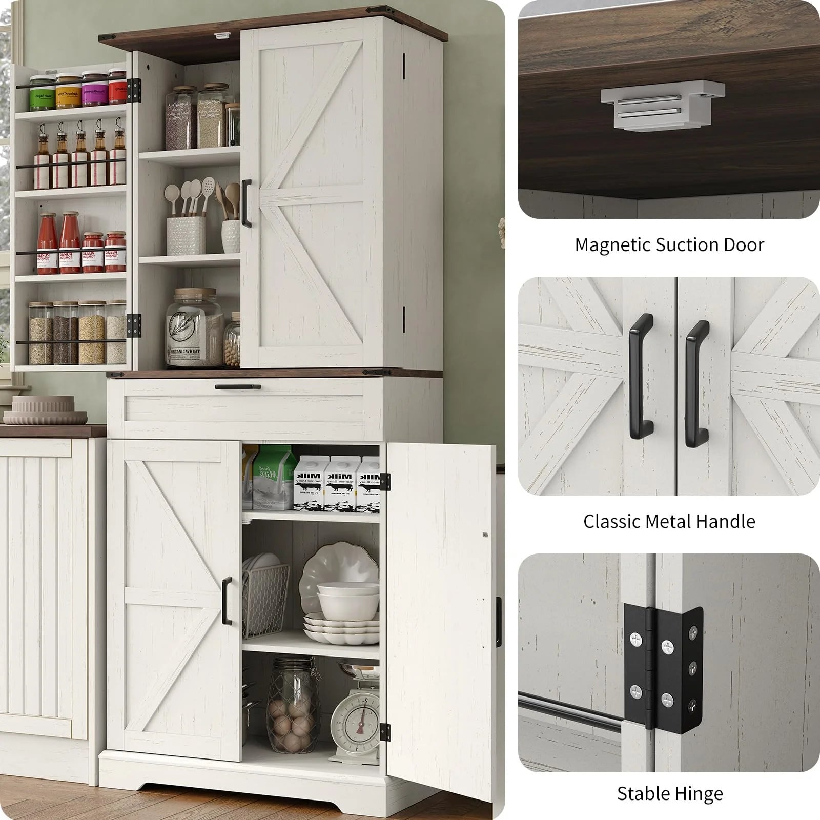 FUSOU 72'' Kitchen Storage Pantry Cabinet, Tall Storage Cabinet with 8 Door Shelves, 2 Cabinets and 1 Drawer, Freestanding Cupboard for Kitchen, Dining Room, Bathroom, Laundry