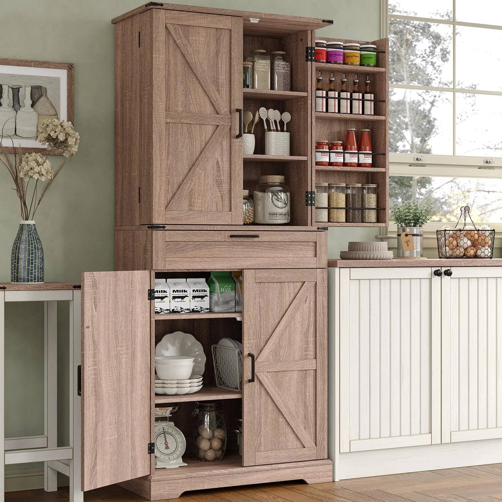 FUSOU 72'' Kitchen Storage Pantry Cabinet, Tall Storage Cabinet with 8 Door Shelves, 2 Cabinets and 1 Drawer, Freestanding Cupboard for Kitchen, Dining Room, Bathroom, Laundry