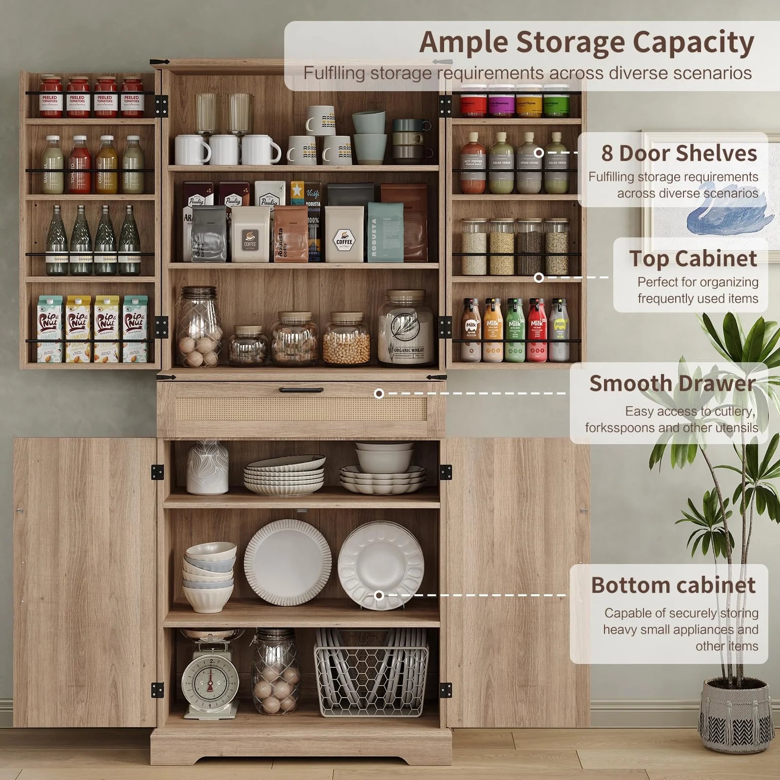 FUSOU 72'' Kitchen Storage Pantry Cabinet, Tall Storage Cabinet with 8 Door Shelves, 2 Cabinets and 1 Drawer, Freestanding Cupboard for Kitchen, Dining Room, Bathroom, Laundry