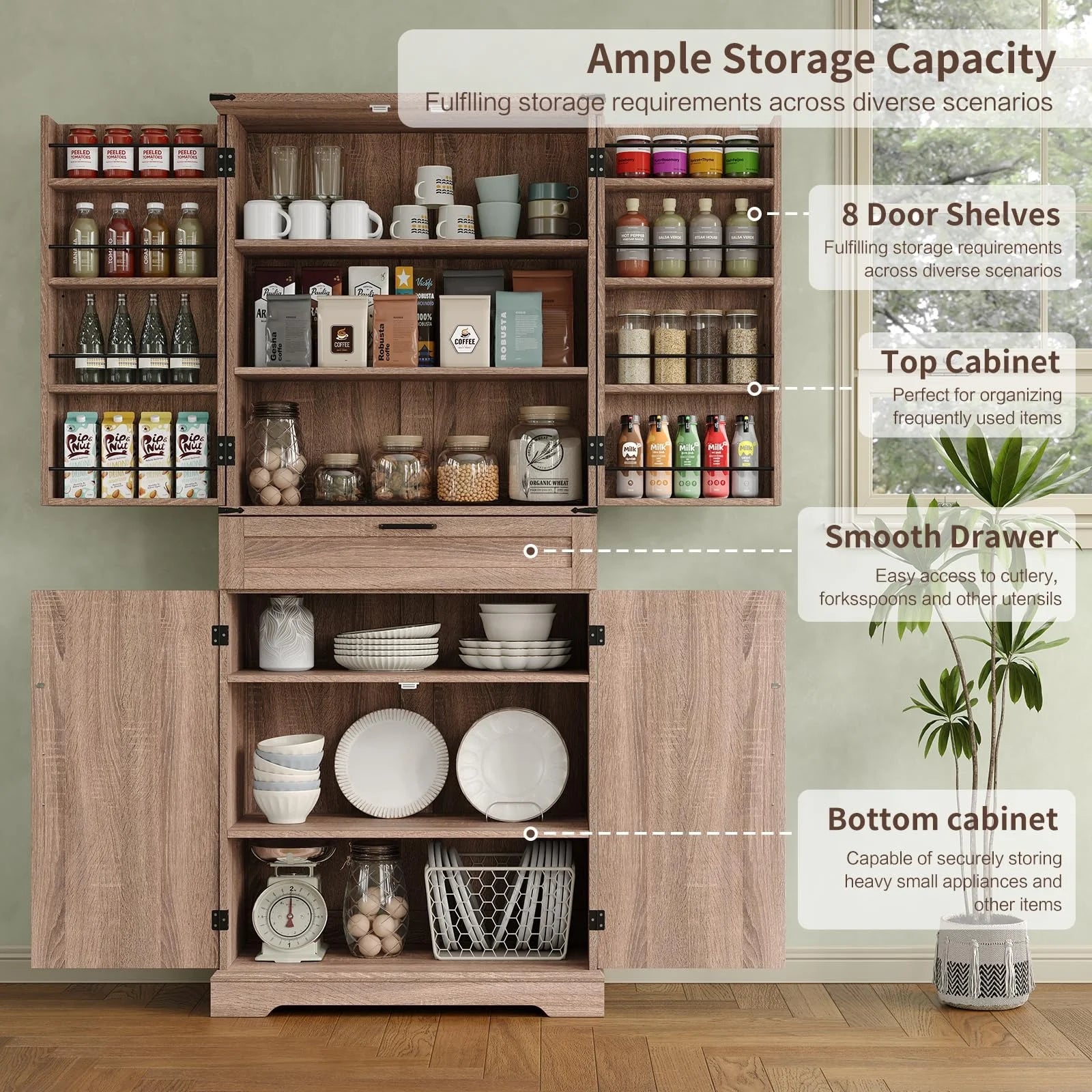 FUSOU 72'' Kitchen Storage Pantry Cabinet, Tall Storage Cabinet with 8 Door Shelves, 2 Cabinets and 1 Drawer, Freestanding Cupboard for Kitchen, Dining Room, Bathroom, Laundry