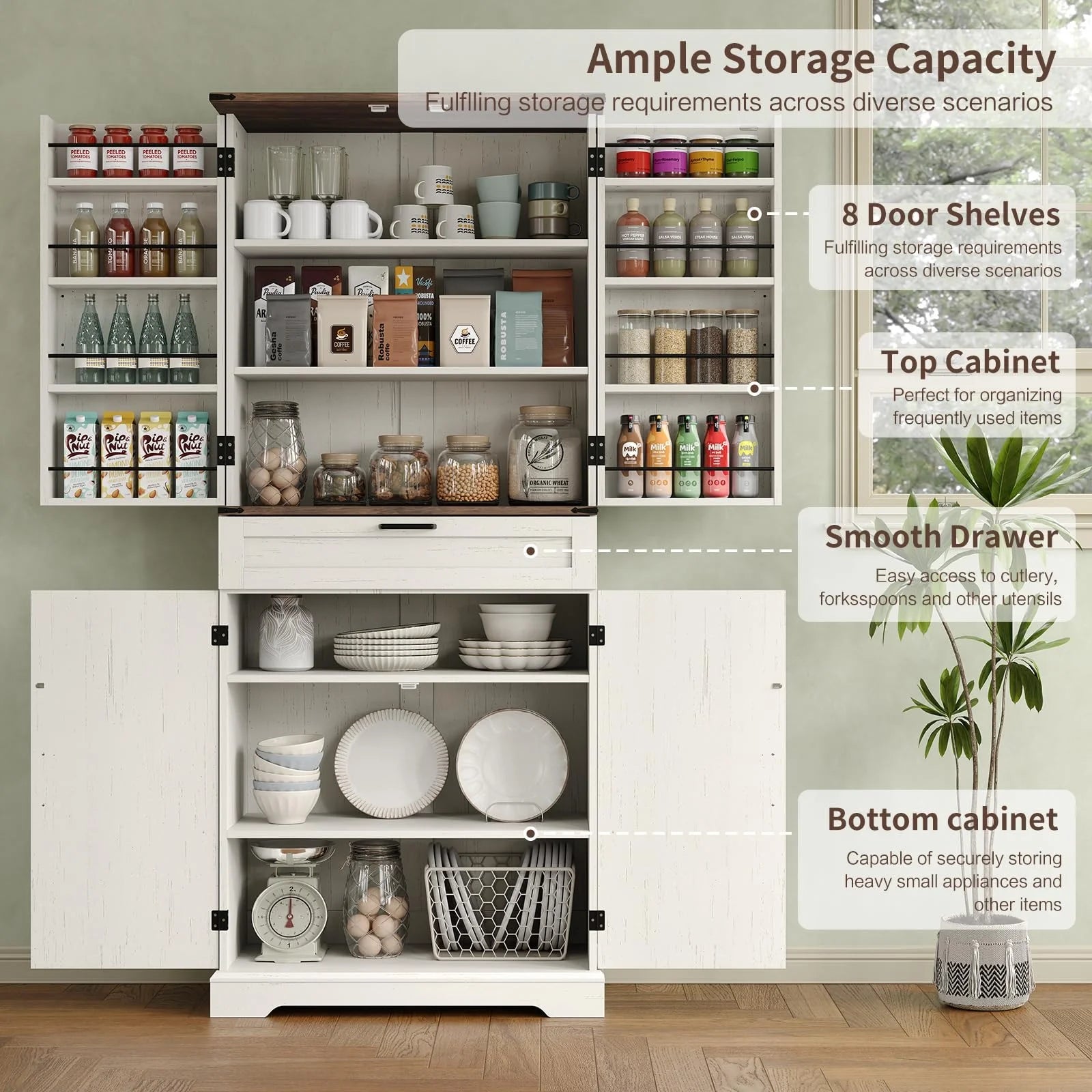 FUSOU 72'' Kitchen Storage Pantry Cabinet, Tall Storage Cabinet with 8 Door Shelves, 2 Cabinets and 1 Drawer, Freestanding Cupboard for Kitchen, Dining Room, Bathroom, Laundry