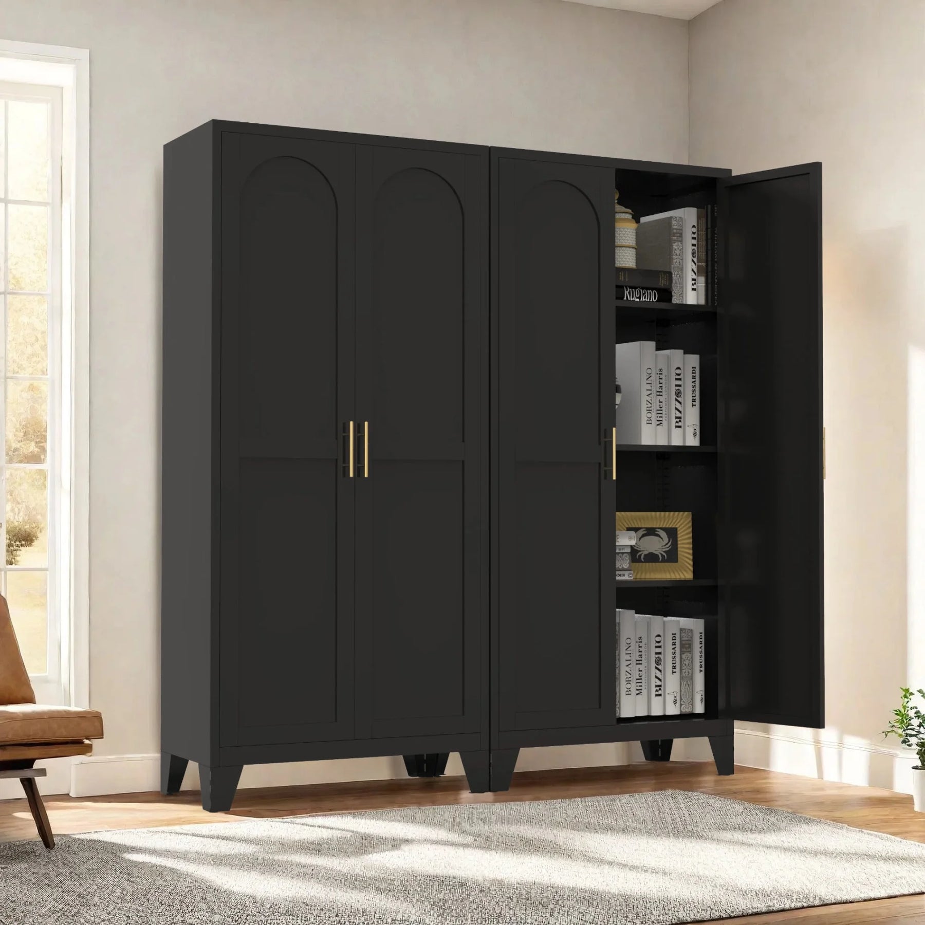Metal Storage Cabinet with Doors and Adjustable Shelves, 71'' 2 Shapely Doors Cabinet, 5 - Tier Tall Steel Locker for Bedroom, Living Room, Office, Home, White
