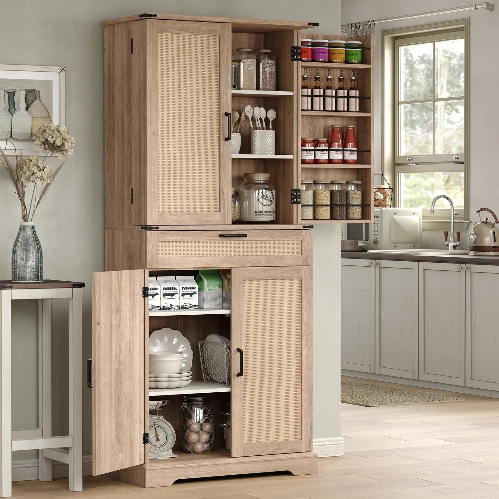 FUSOU 72'' Kitchen Storage Pantry Cabinet, Tall Storage Cabinet with 8 Door Shelves, 2 Cabinets and 1 Drawer, Freestanding Cupboard for Kitchen, Dining Room, Bathroom, Laundry