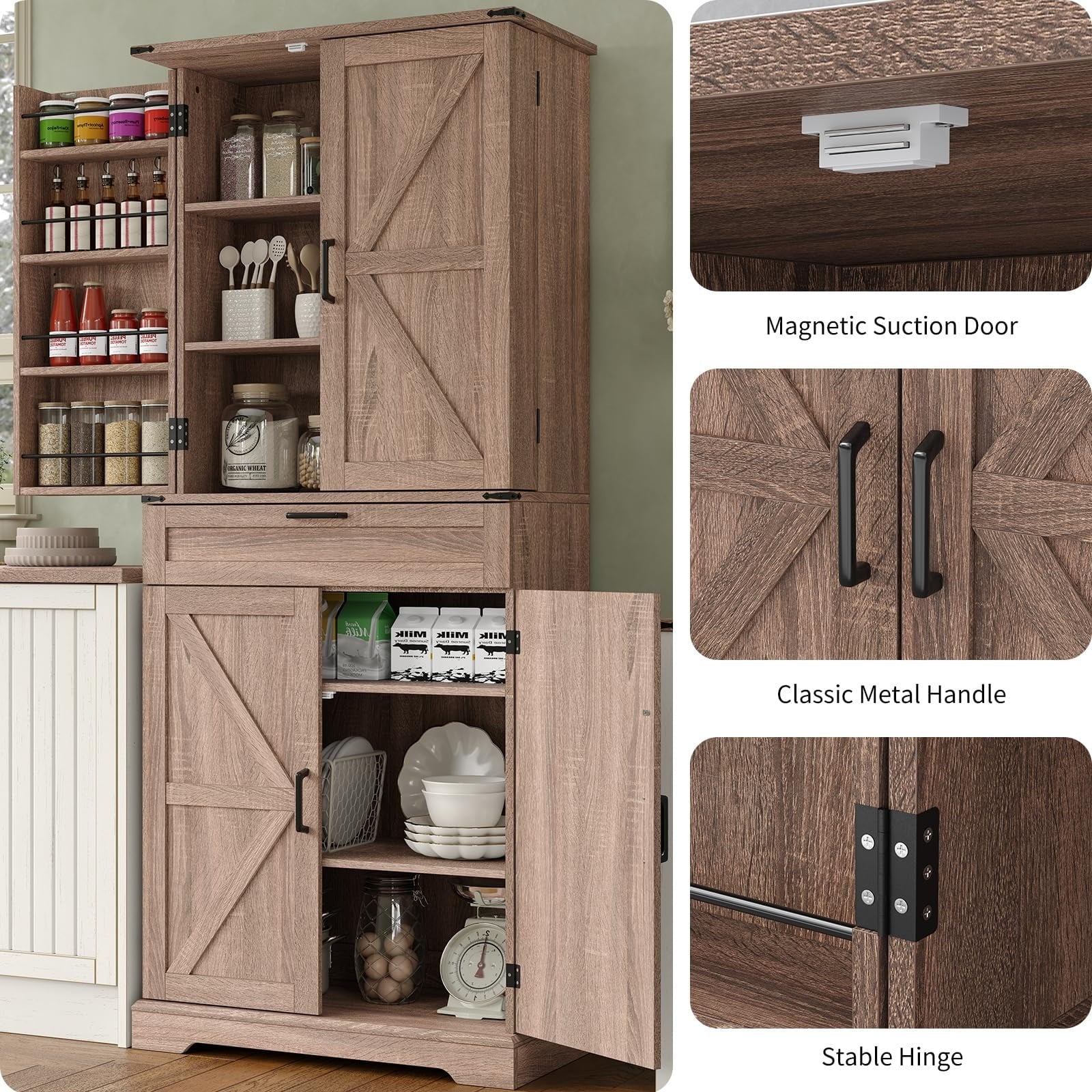 FUSOU 72'' Kitchen Storage Pantry Cabinet, Tall Storage Cabinet with 8 Door Shelves, 2 Cabinets and 1 Drawer, Freestanding Cupboard for Kitchen, Dining Room, Bathroom, Laundry