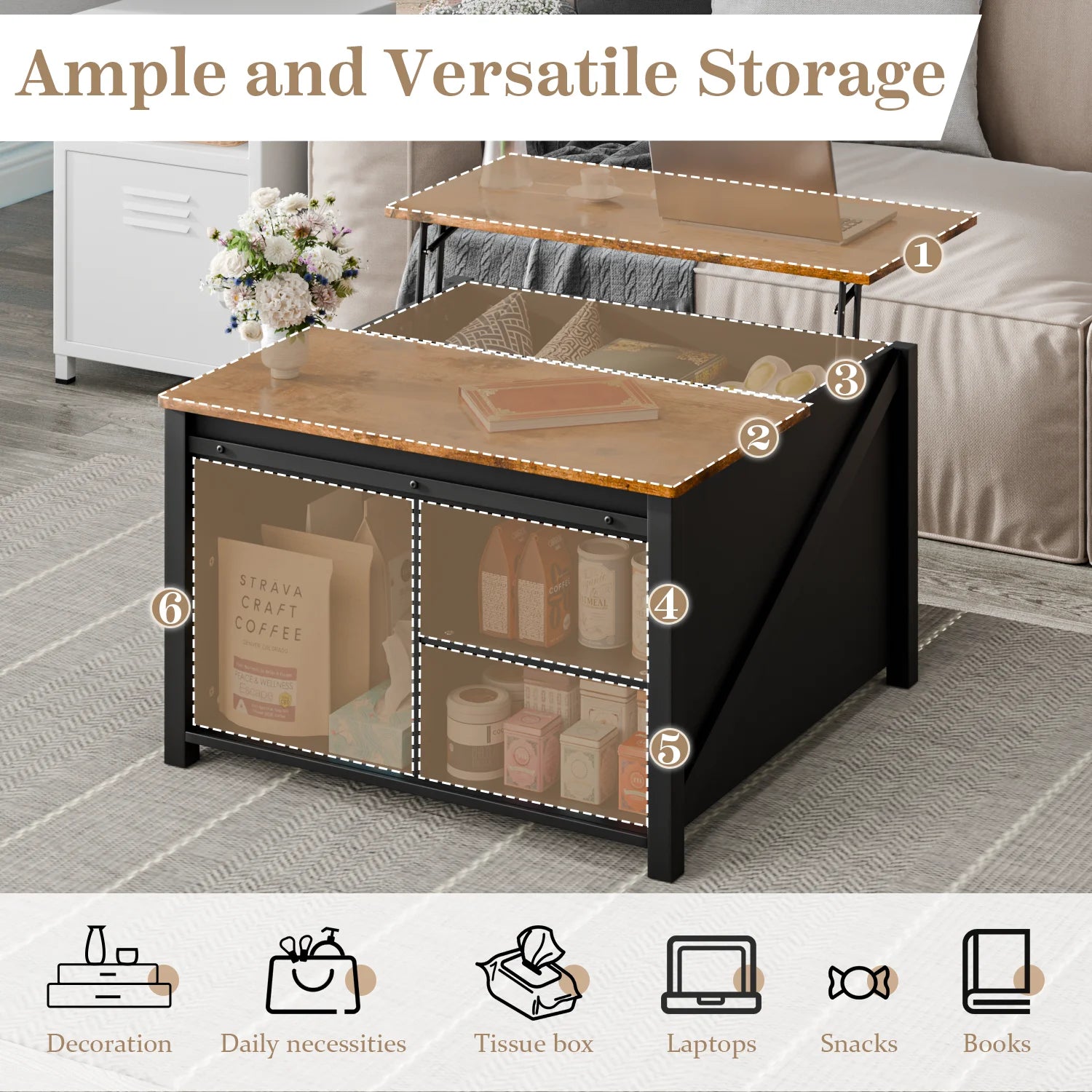 Waleaf Wooden Coffee Table, Lift Top Coffee Table with Large Hidden Storage Shelf for Living Room