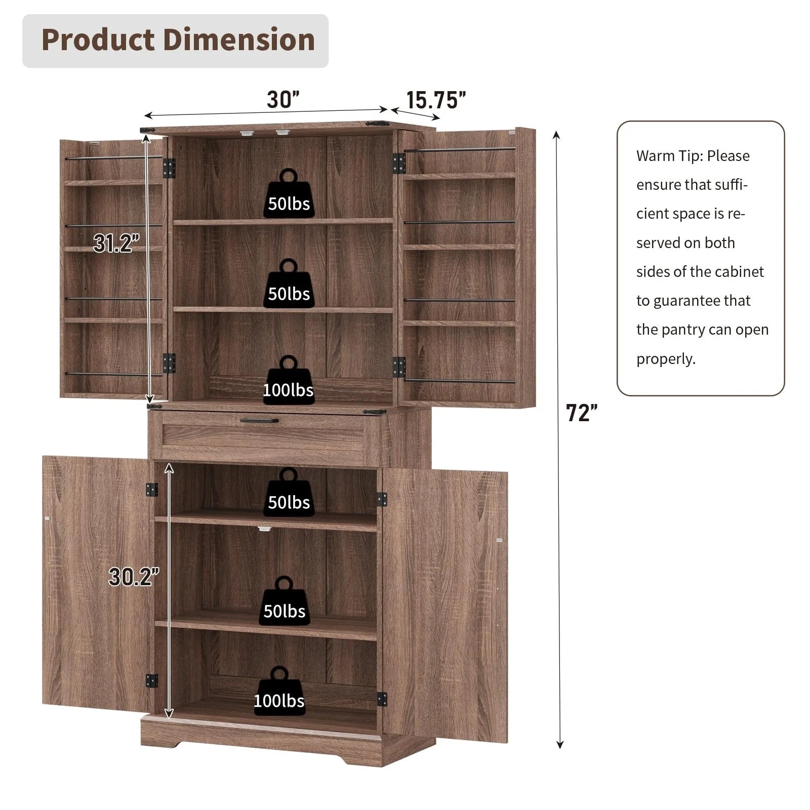 FUSOU 72'' Kitchen Storage Pantry Cabinet, Tall Storage Cabinet with 8 Door Shelves, 2 Cabinets and 1 Drawer, Freestanding Cupboard for Kitchen, Dining Room, Bathroom, Laundry