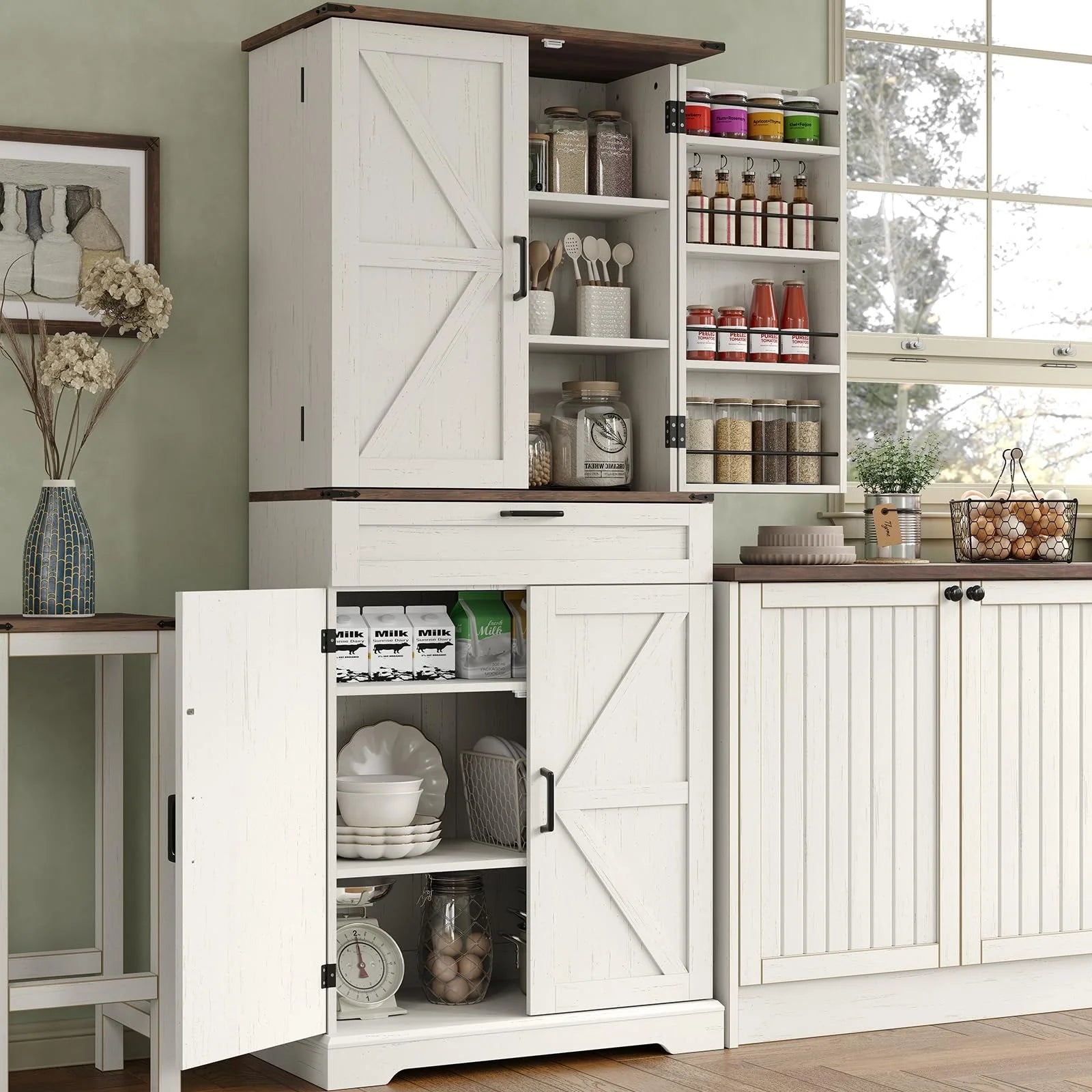FUSOU 72'' Kitchen Storage Pantry Cabinet, Tall Storage Cabinet with 8 Door Shelves, 2 Cabinets and 1 Drawer, Freestanding Cupboard for Kitchen, Dining Room, Bathroom, Laundry