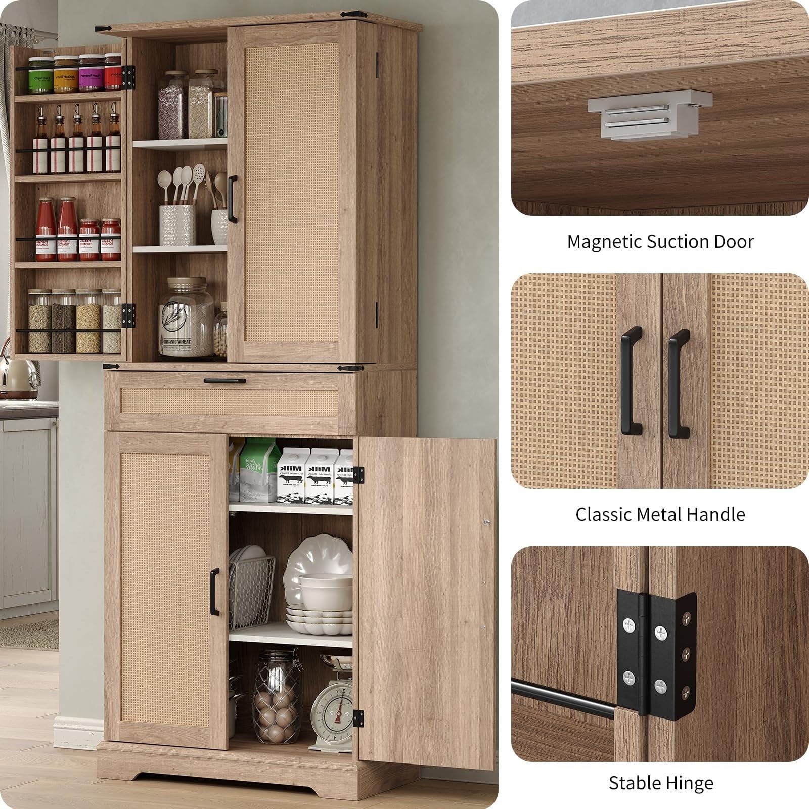 FUSOU 72'' Kitchen Storage Pantry Cabinet, Tall Storage Cabinet with 8 Door Shelves, 2 Cabinets and 1 Drawer, Freestanding Cupboard for Kitchen, Dining Room, Bathroom, Laundry
