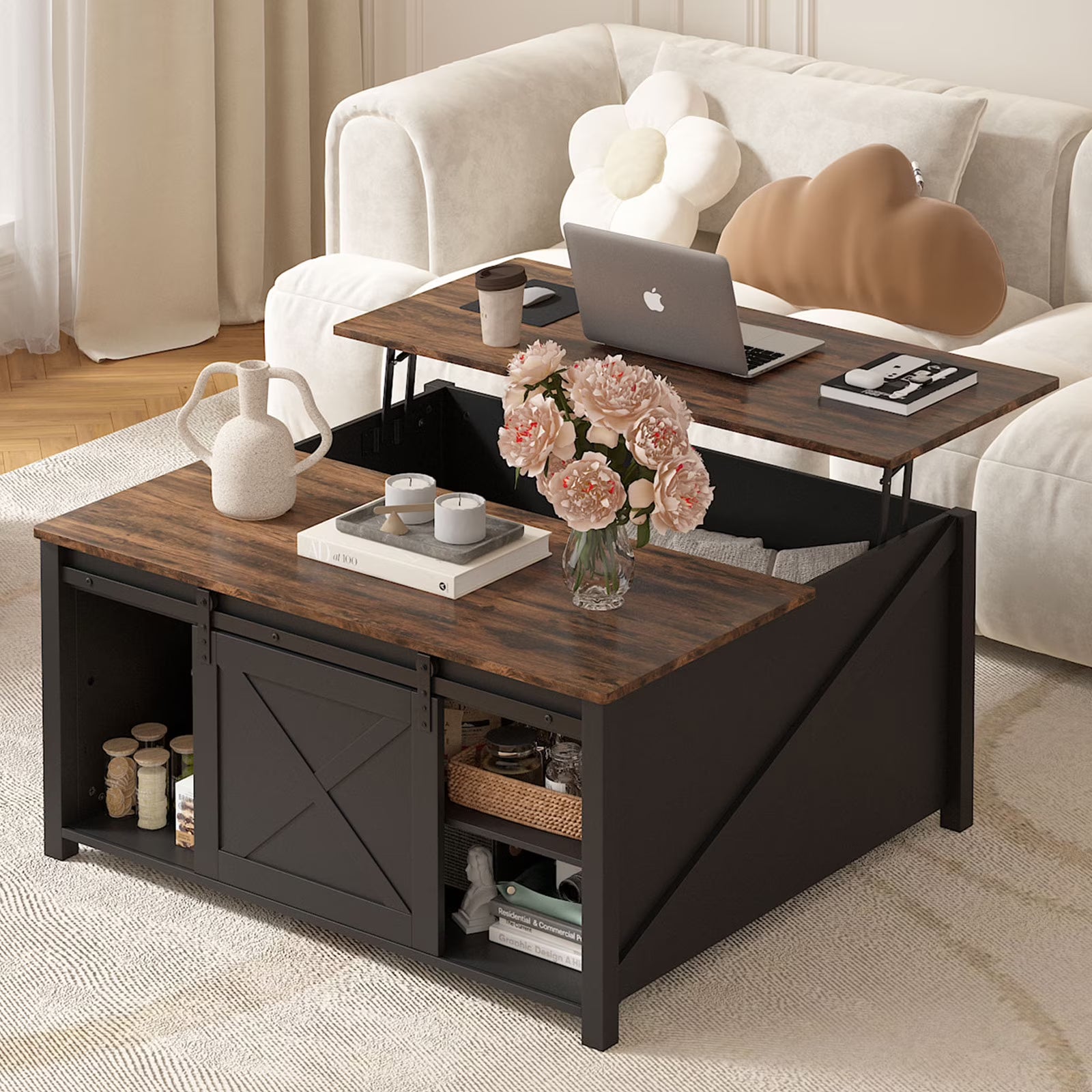 Waleaf Wooden Coffee Table, Lift Top Coffee Table with Large Hidden Storage Shelf for Living Room