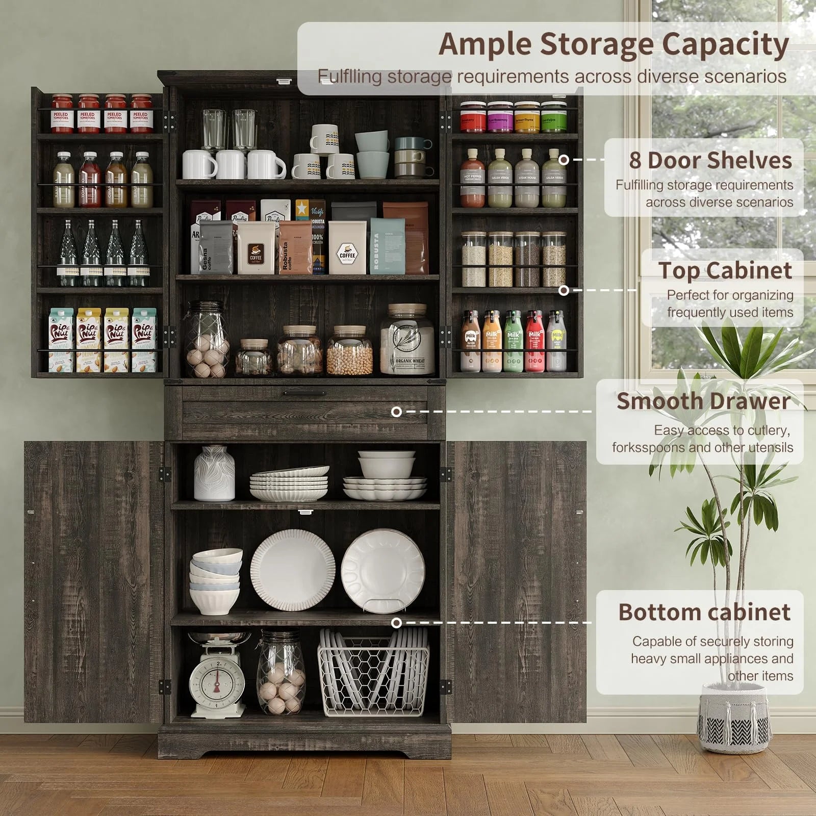 FUSOU 72'' Kitchen Storage Pantry Cabinet, Tall Storage Cabinet with 8 Door Shelves, 2 Cabinets and 1 Drawer, Freestanding Cupboard for Kitchen, Dining Room, Bathroom, Laundry