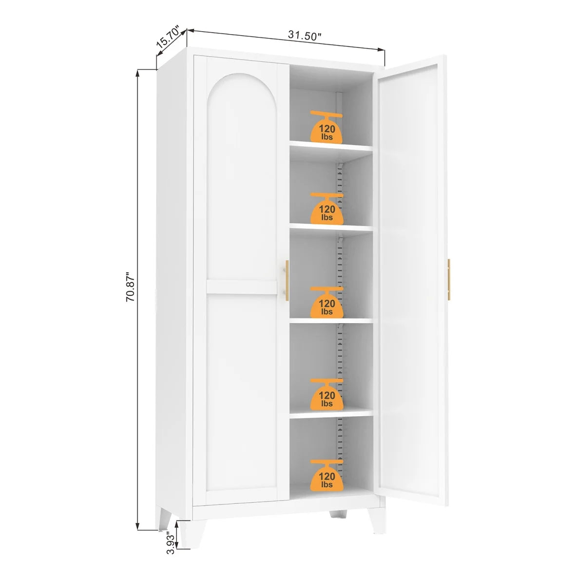 Metal Storage Cabinet with Doors and Adjustable Shelves, 71'' 2 Shapely Doors Cabinet, 5 - Tier Tall Steel Locker for Bedroom, Living Room, Office, Home, White