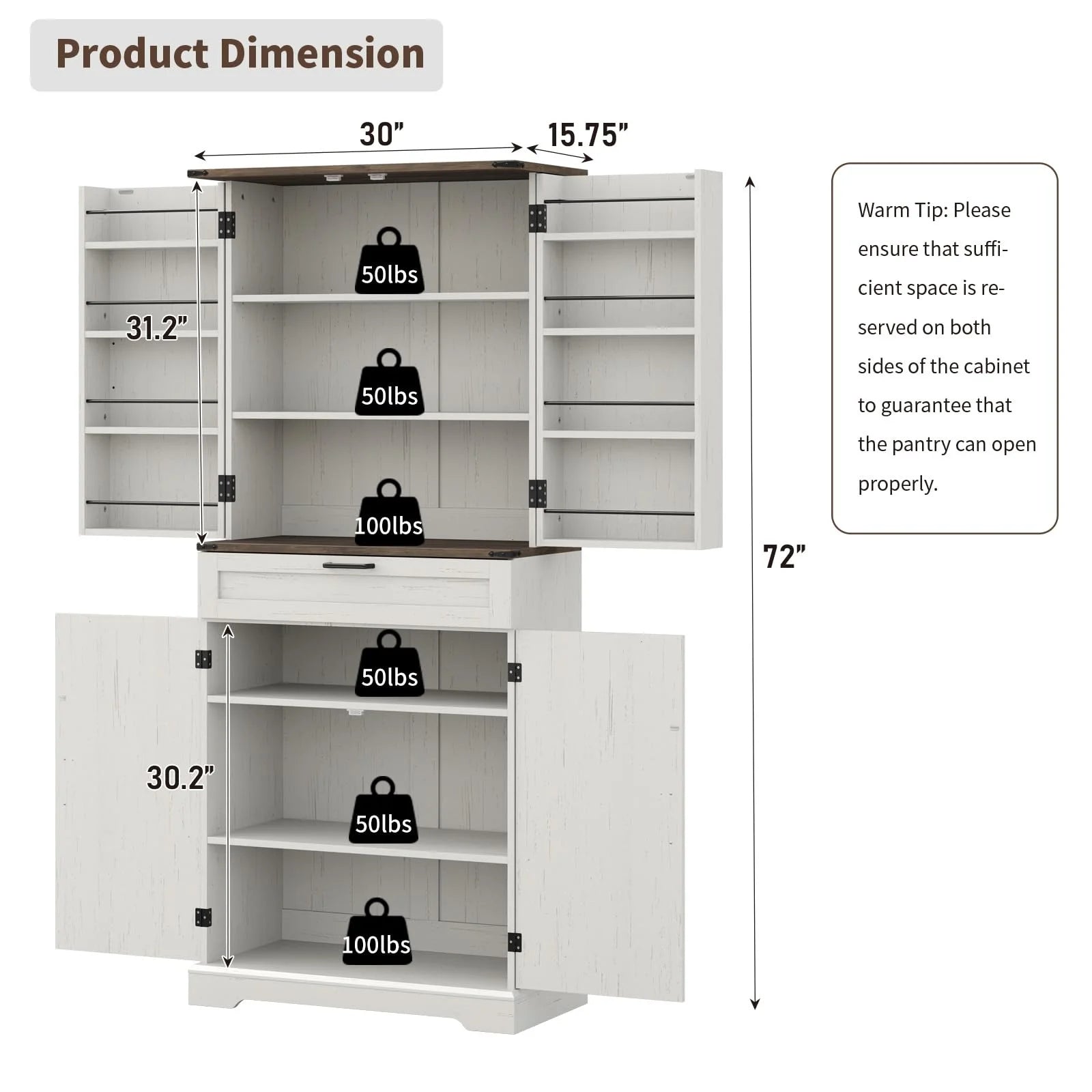 FUSOU 72'' Kitchen Storage Pantry Cabinet, Tall Storage Cabinet with 8 Door Shelves, 2 Cabinets and 1 Drawer, Freestanding Cupboard for Kitchen, Dining Room, Bathroom, Laundry