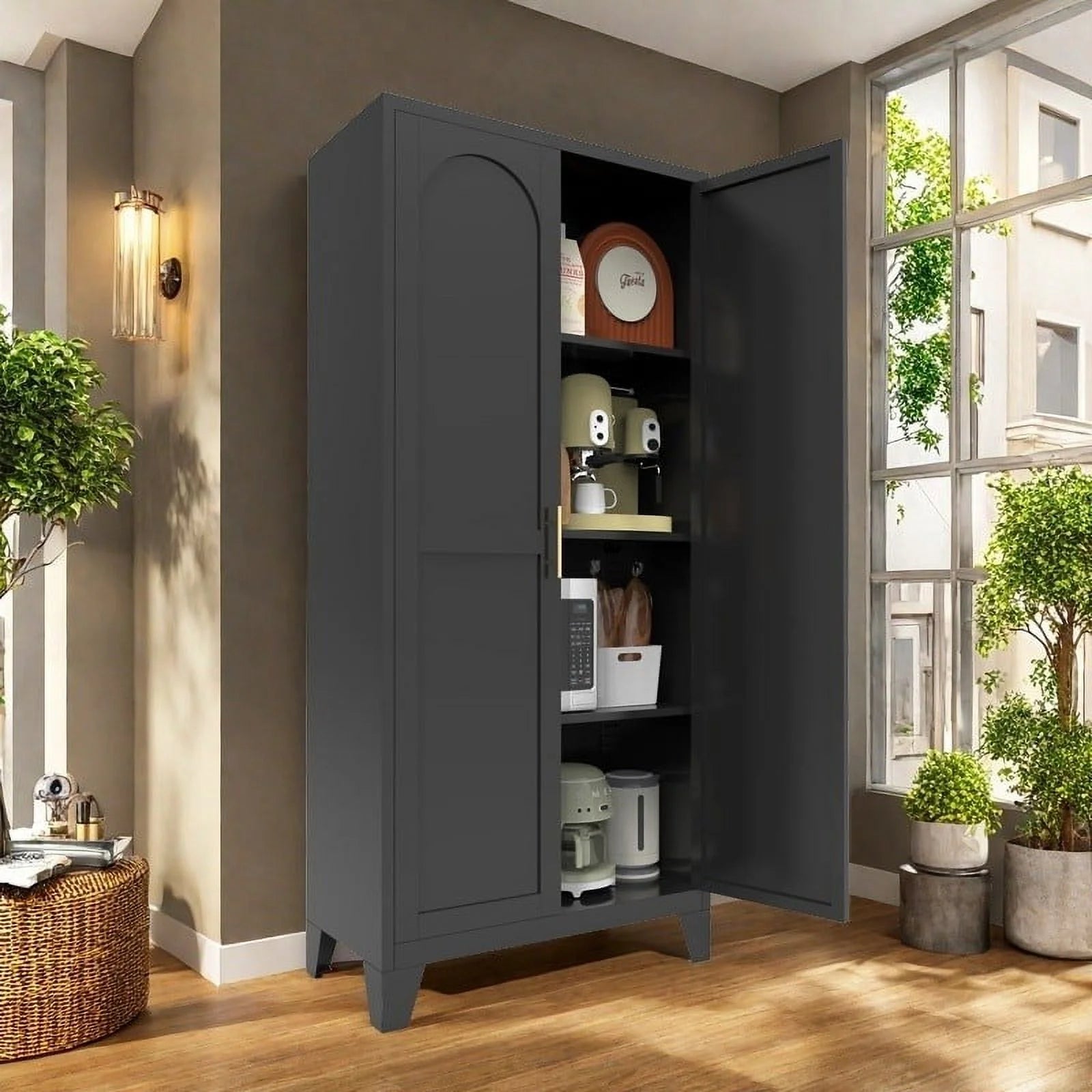 Metal Storage Cabinet with Doors and Adjustable Shelves, 71'' 2 Shapely Doors Cabinet, 5 - Tier Tall Steel Locker for Bedroom, Living Room, Office, Home, White