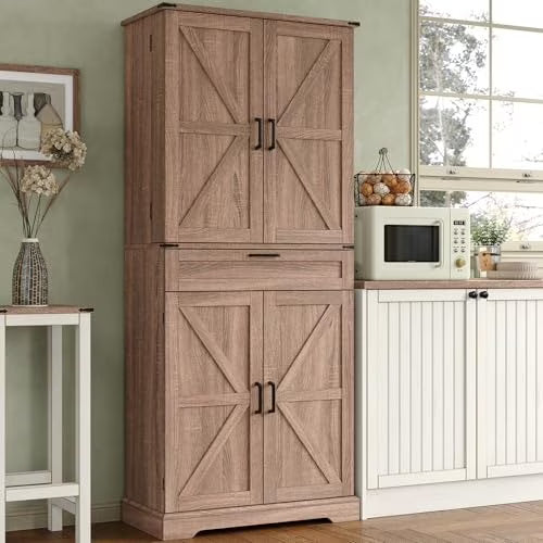 FUSOU 72'' Kitchen Storage Pantry Cabinet, Tall Storage Cabinet with 8 Door Shelves, 2 Cabinets and 1 Drawer, Freestanding Cupboard for Kitchen, Dining Room, Bathroom, Laundry