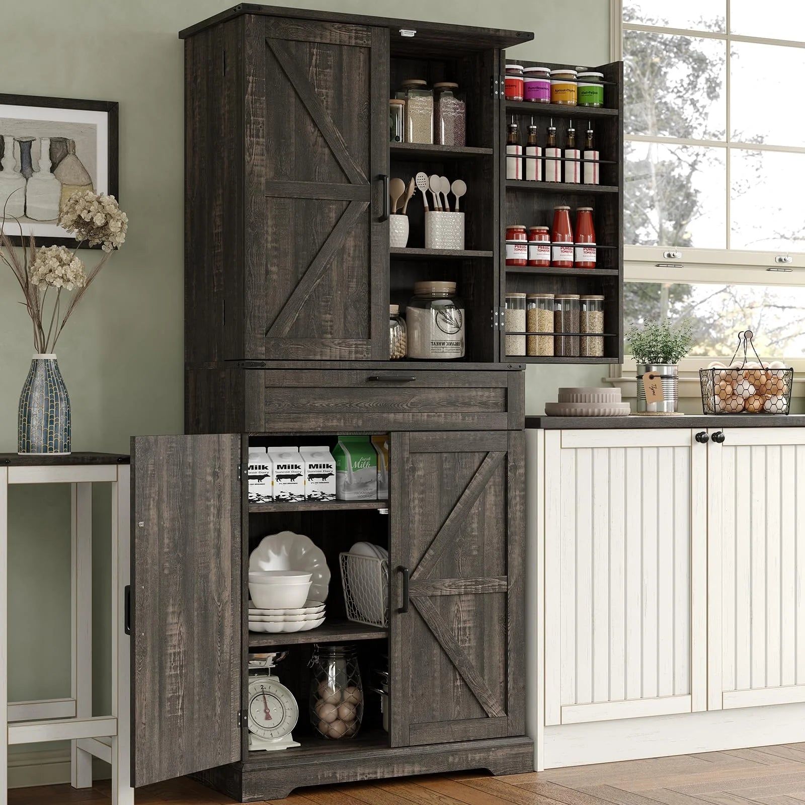 FUSOU 72'' Kitchen Storage Pantry Cabinet, Tall Storage Cabinet with 8 Door Shelves, 2 Cabinets and 1 Drawer, Freestanding Cupboard for Kitchen, Dining Room, Bathroom, Laundry