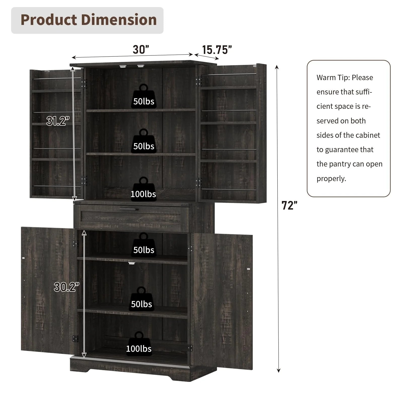 FUSOU 72'' Kitchen Storage Pantry Cabinet, Tall Storage Cabinet with 8 Door Shelves, 2 Cabinets and 1 Drawer, Freestanding Cupboard for Kitchen, Dining Room, Bathroom, Laundry